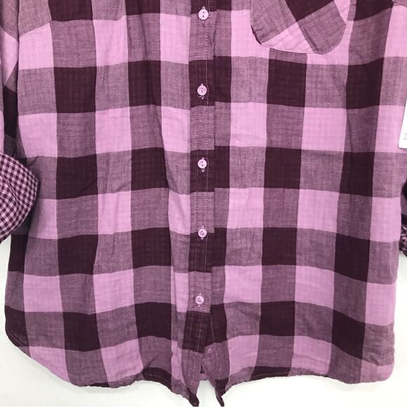 Laura Scott Purple Gingham Plaid Roll Tab Sleeve Button Up Shirt NEW - Picture 6 of 14
